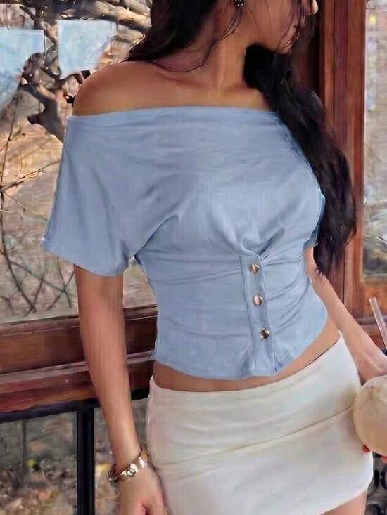 Tops - Dusty Blue Casual Women's Colorblock Off-Shoulder Top